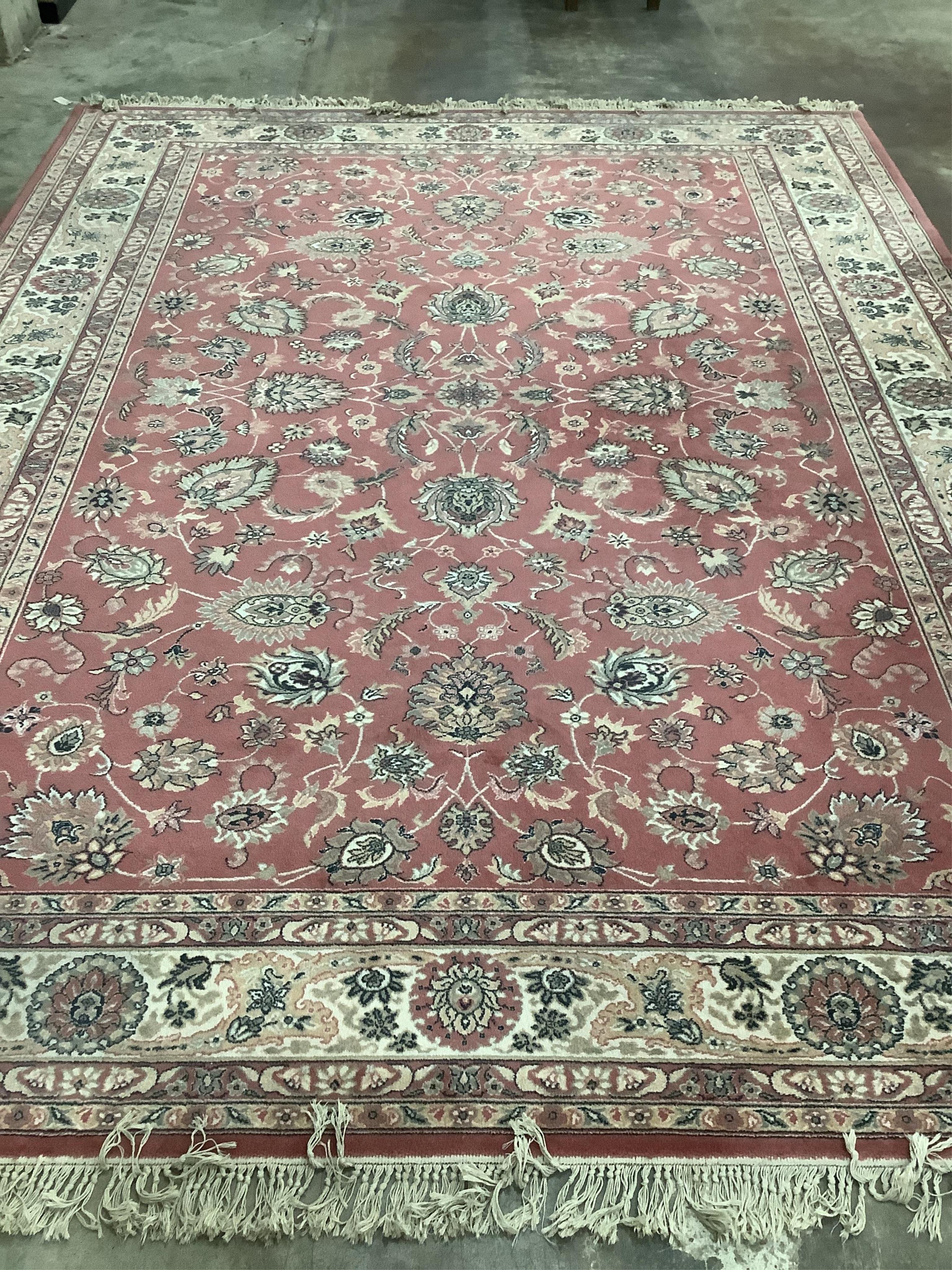 A Kashan style peach ground machined carpet, 360 x 274cm. Condition - fair to good, will require cleaning